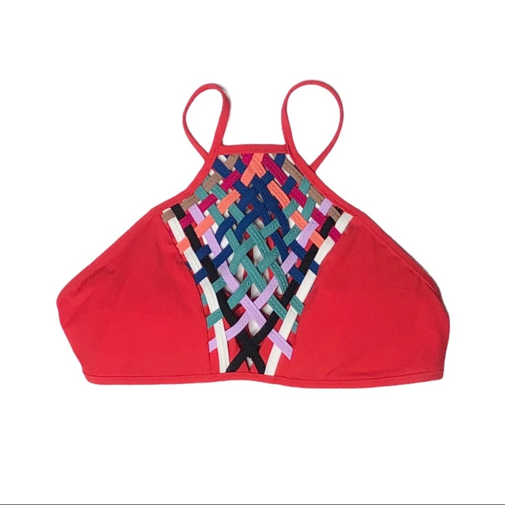 Red Carter Woven Front High Neck Bikini Top Medium
